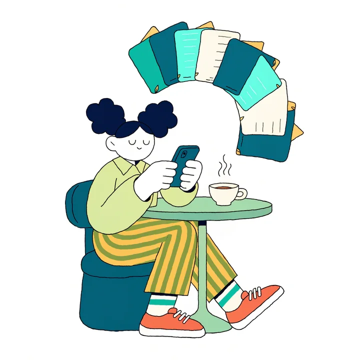 Una chica en un café escribe en su celular y de la pantalla salen hojas en arco, como capítulos