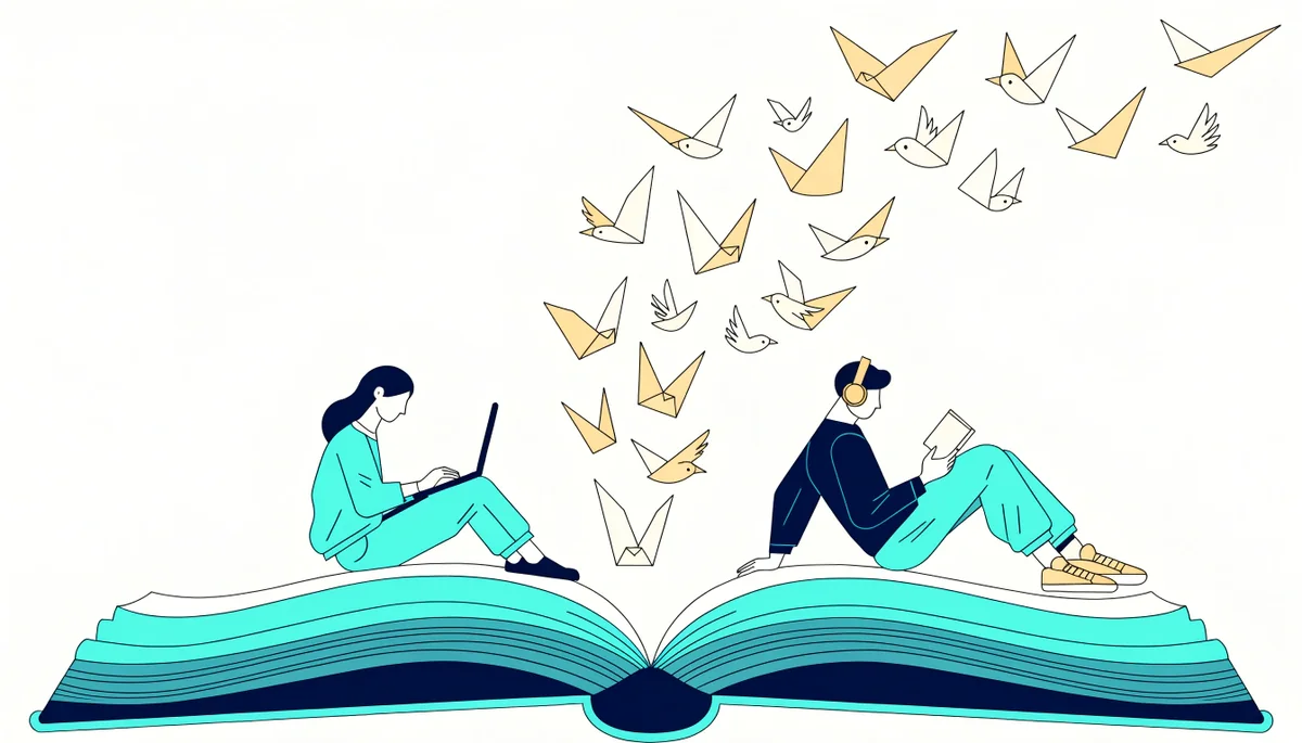 Sobre un libro gigante abierto, una chica escribe en su laptop y un chico con audífonos lee, mientras de las páginas salen pájaros de papel